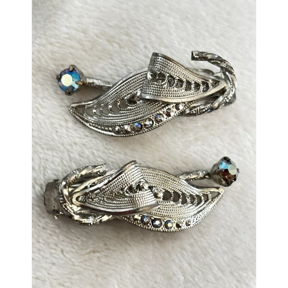 Vintage Filigree Clip On Earrings Germany Silver Tone AB Rhinestones